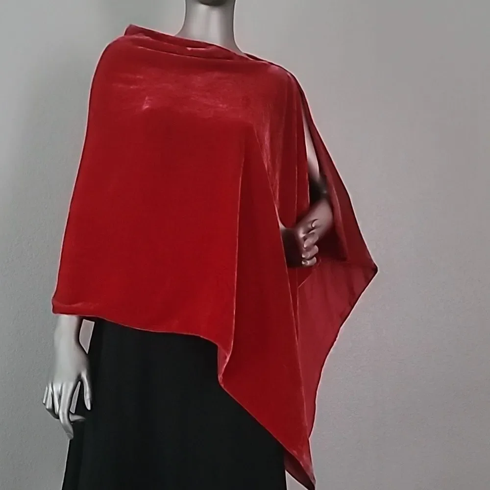 Eileen Fisher Velvet/Silk Poncho In Red Scarlet One Size